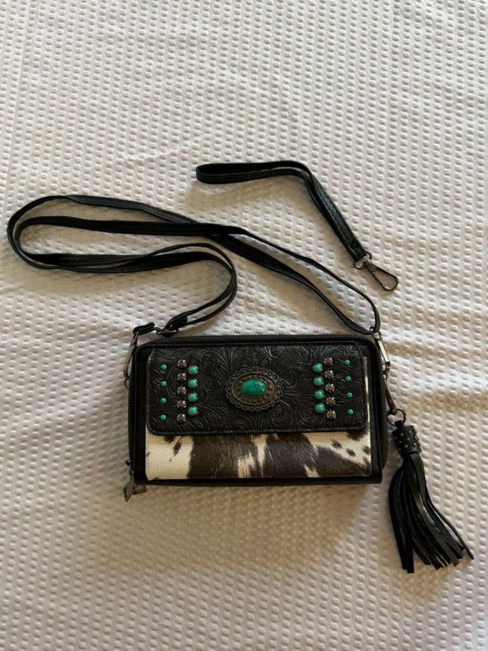 Southwest-Style Cow-Print/Black Studded Adjustable Crossbody Purse/Wallet